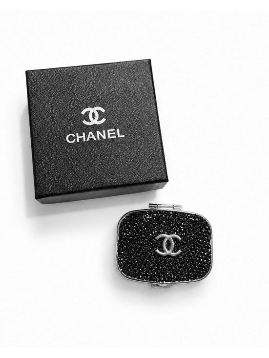 CHANEL Accessories - Chanel Black Crystal CC Travel Pill Case Silver Compact with Box
